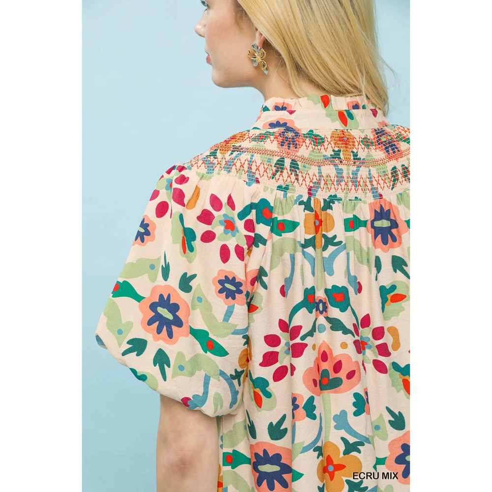 Umgee Folk Art Print Top with Smocked Detail - Picture 4 of 5